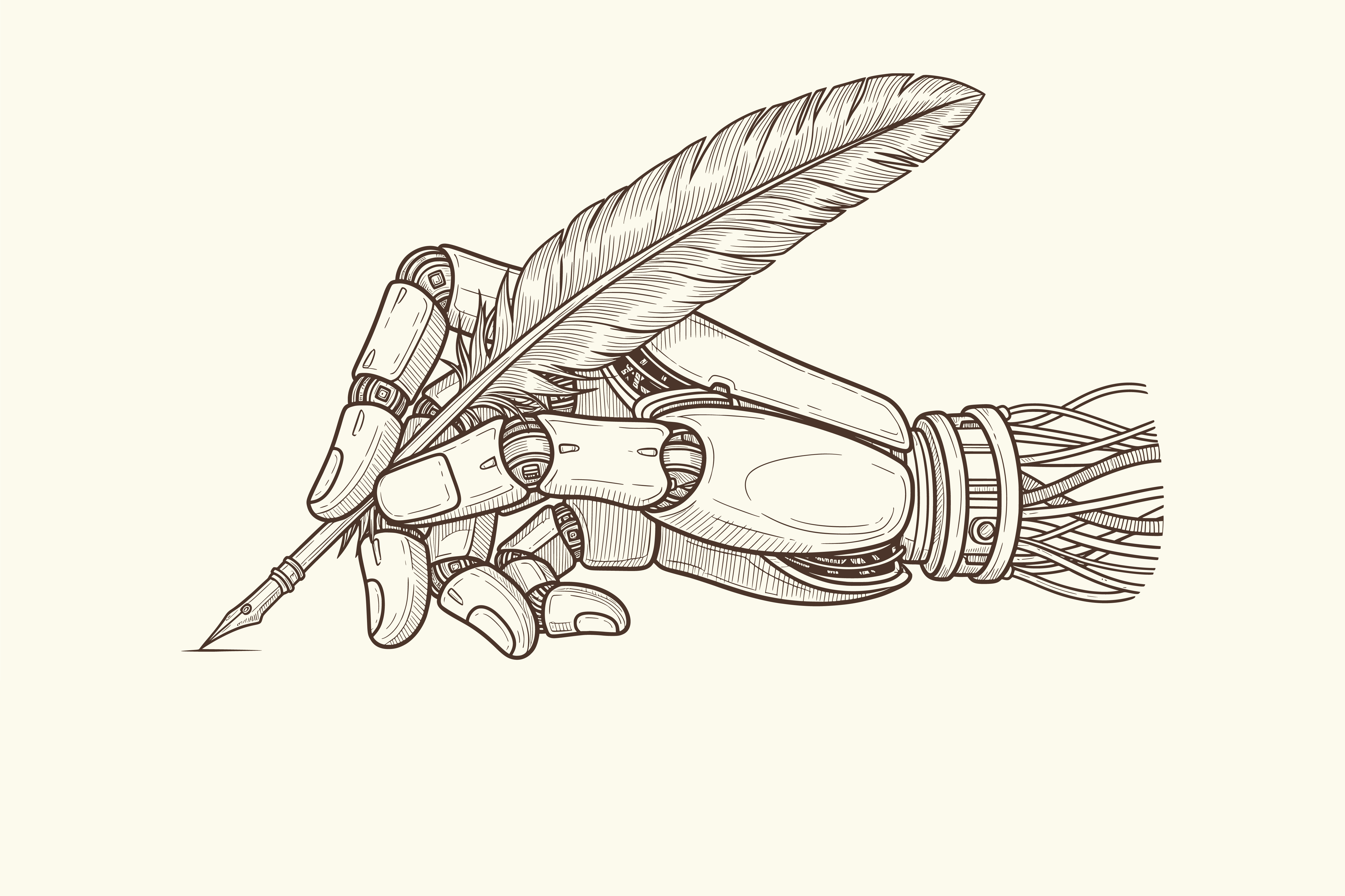 A robotic hand holding a feather quill pen in vintage engraving style.
