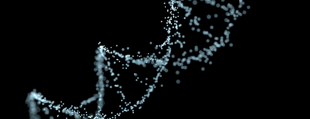 A grayscale double helix on a black background.