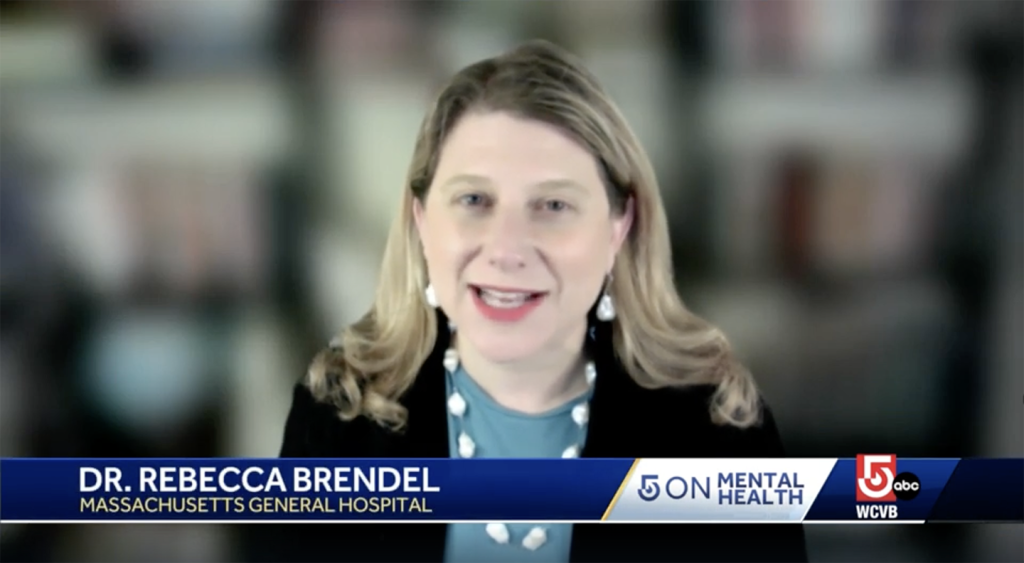 Rebecca Brendel, MD, JD on a Zoom call with WCVB TV
