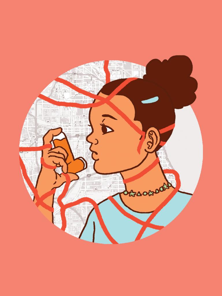 Illustration of a Black girl with an inhaler, by Noah Lawrence-Holder