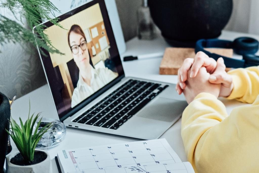 Decorative; person on video meeting on laptop.