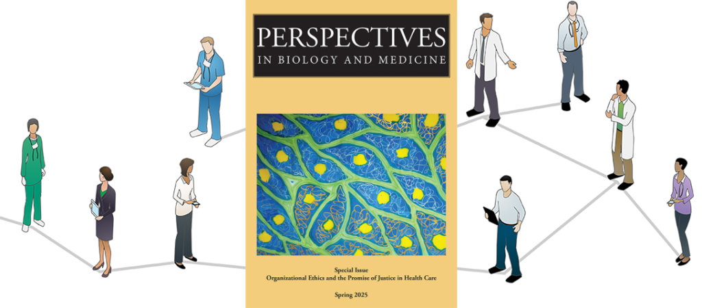 Decorative illustrations of hospital workers; cover design of Perspectives in Biology and Medicine.