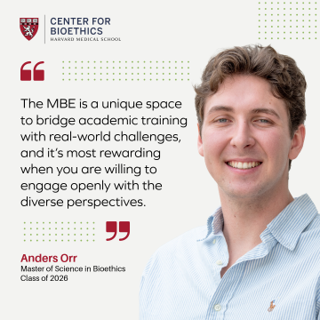 Testimonial from Anders Orr saying, "The MBE is a unique spaceto bridge academic training with real-world challenges, and it’s most rewardingwhen you are willing to engage openly with the diverse perspectives."