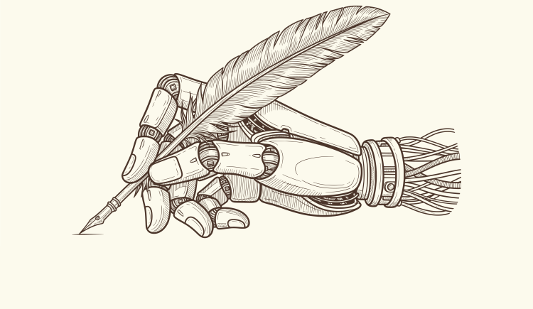 A robotic hand holding a feather quill pen in vintage engraving style.