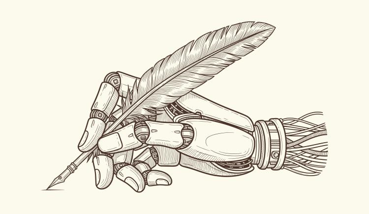 A robotic hand holding a feather quill pen in vintage engraving style.