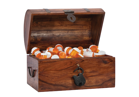 Chest filled with prescription bottles