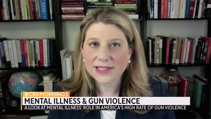 Dr. Rebecca Weintraub Brendel on Zoom with a lower-third that says Mental Illness & Gun Violence.