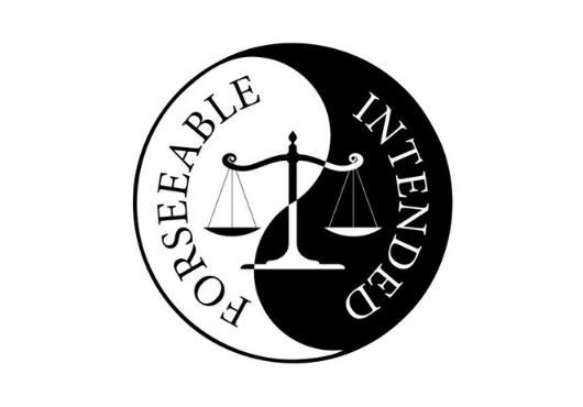 A black and white set of scales with the words "foreseeable" and "intended"